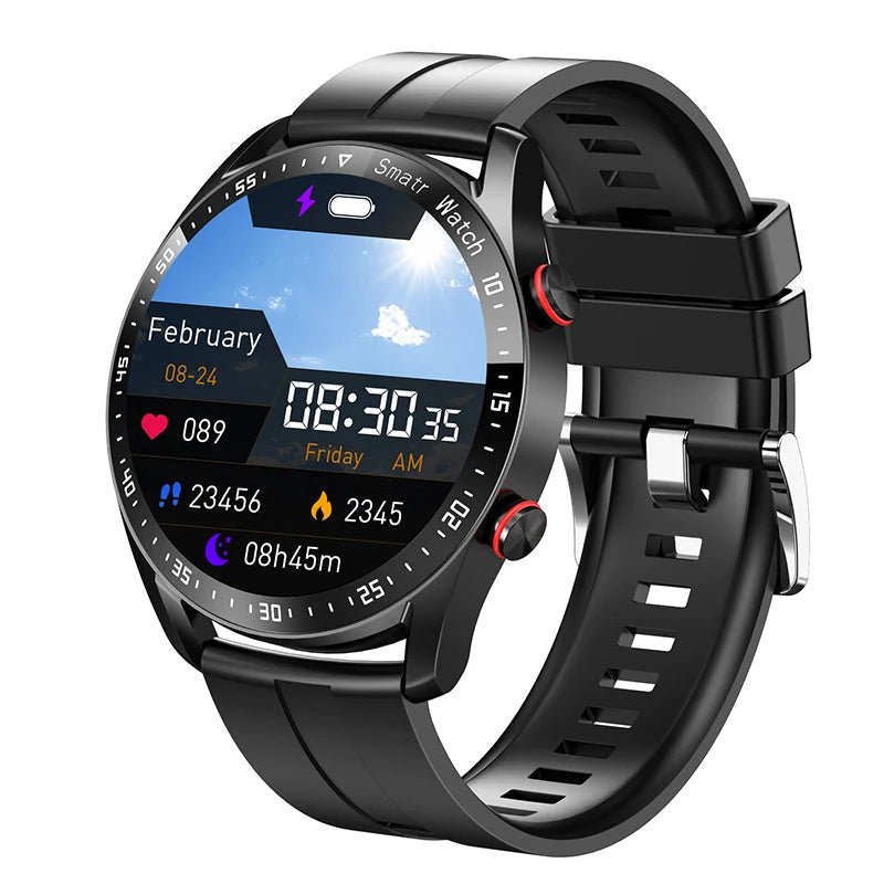 "Montre connectée élégante en cuir noir, design moderne, suivis santé et glucose."