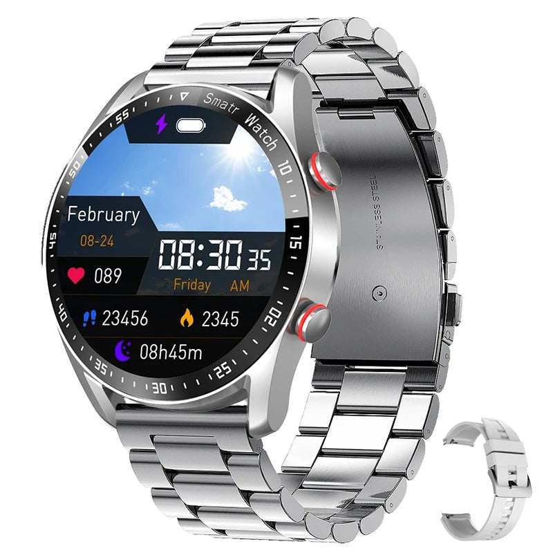 "Montre connectée élégante en cuir noir, design moderne, suivis santé et glucose."