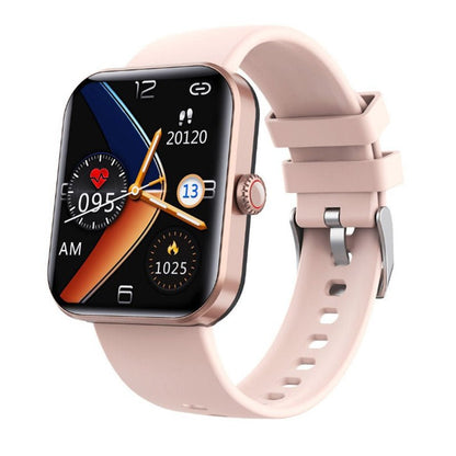 "Montre connectée élégante pour surveillance glycémie, écran tactile couleur, sans piqûre, disponible en noir et rose."