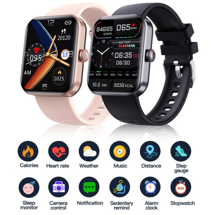 "Montre connectée élégante pour surveillance glycémie, écran tactile couleur, sans piqûre, disponible en noir et rose."
