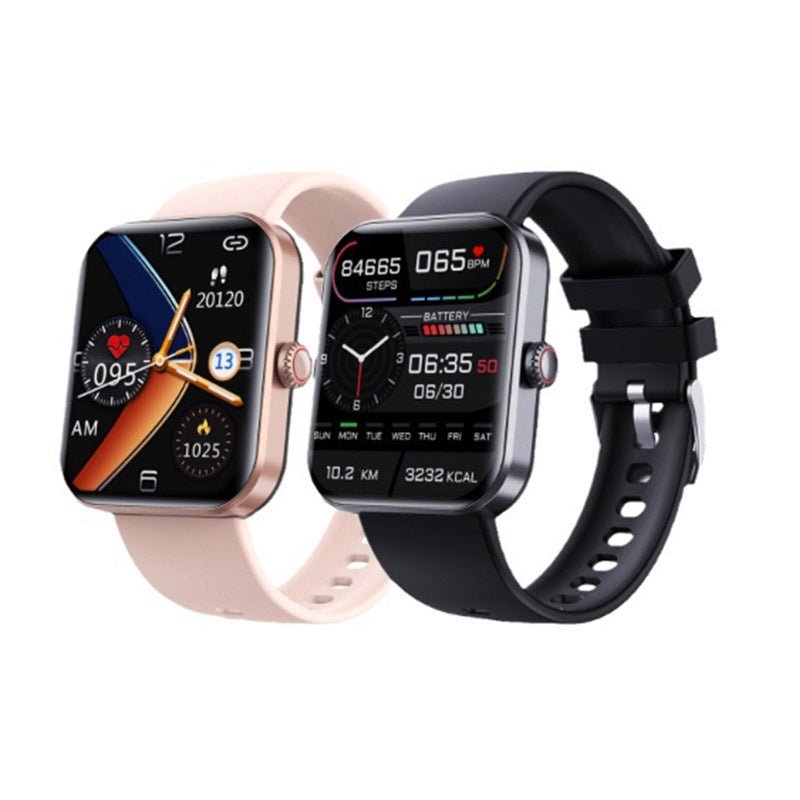 "Montre connectée élégante pour surveillance glycémie, écran tactile couleur, sans piqûre, disponible en noir et rose."