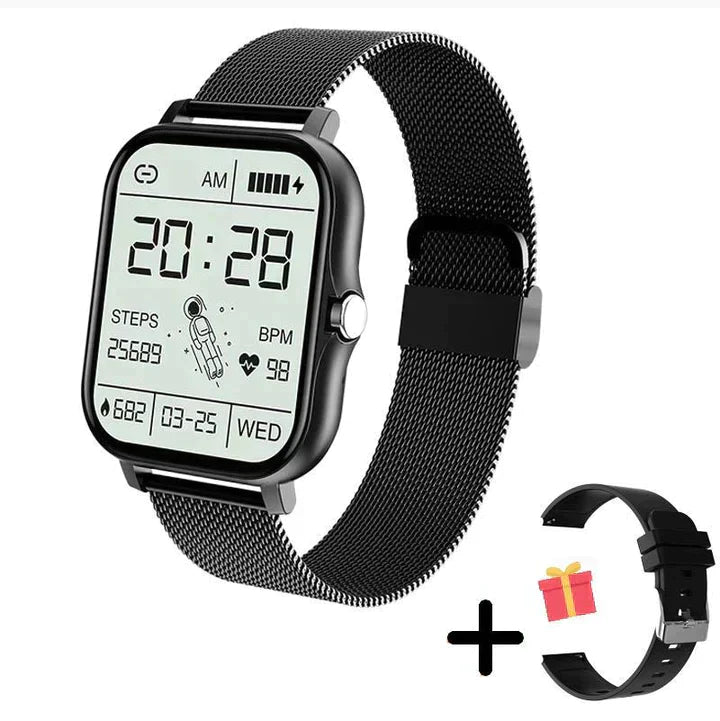"Montre connectée noire, écran tactile HD 1,83 pouces, appels Bluetooth, suivi santé, design moderne et étanche."