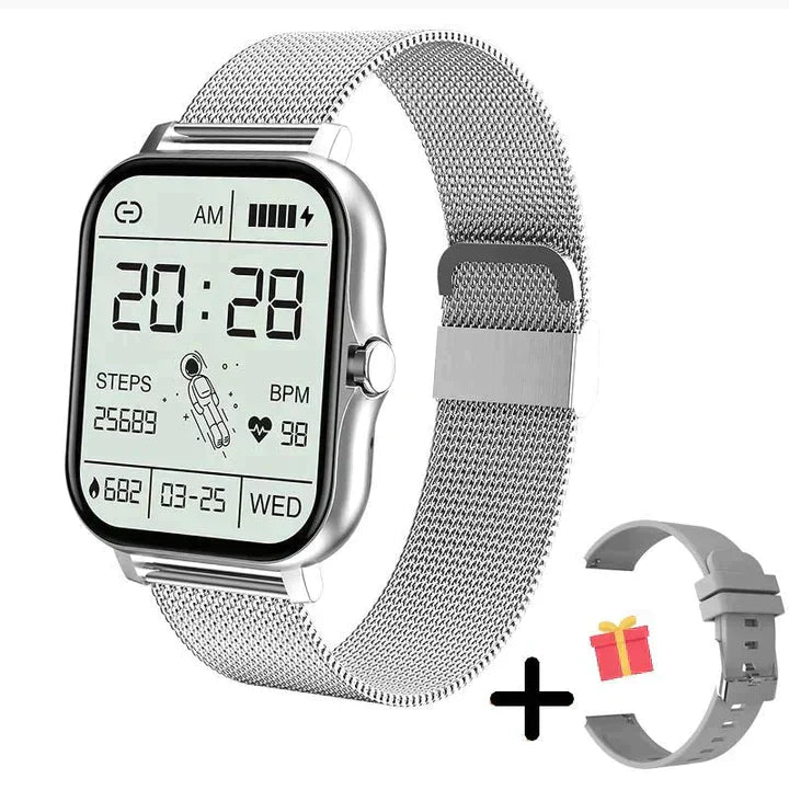 "Montre connectée noire, écran tactile HD 1,83 pouces, appels Bluetooth, suivi santé, design moderne et étanche."