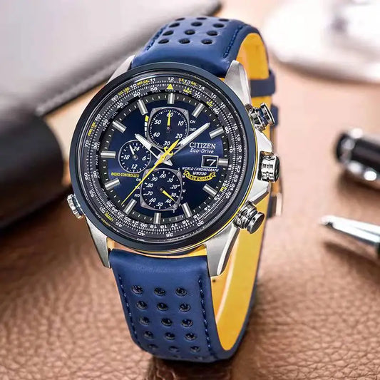 "Montre de luxe pour hommes, design moderne, cadran rond, aiguilles lumineuses, bracelet élégant, montre quartz précise."