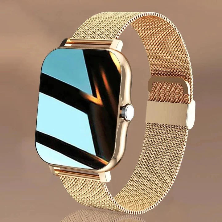 "Montre digitale luxueuse pour femmes, écran tactile couleur 1,69'', suivis santé, design élégant et étanche IP68, argent."
