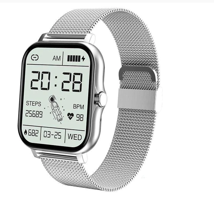 "Montre digitale luxueuse pour femmes, écran tactile couleur 1,69'', suivis santé, design élégant et étanche IP68, argent."