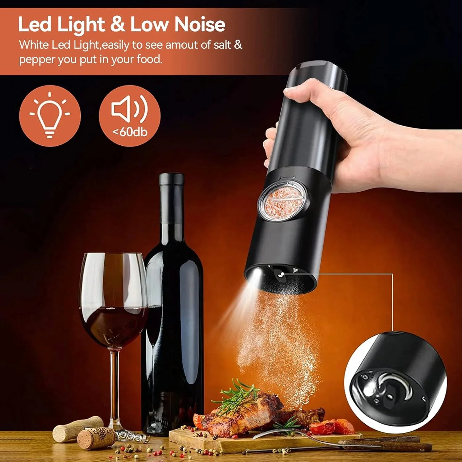 Moulin électrique à sel et poivre en acier inoxydable, LED intégrée, design moderne, rechargeable USB, élégant et fonctionnel
