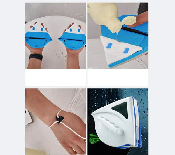 Nettoyeur de vitres double face innovant avec design moderne, aimant puissant, et prise ergonomique pour nettoyage efficace.