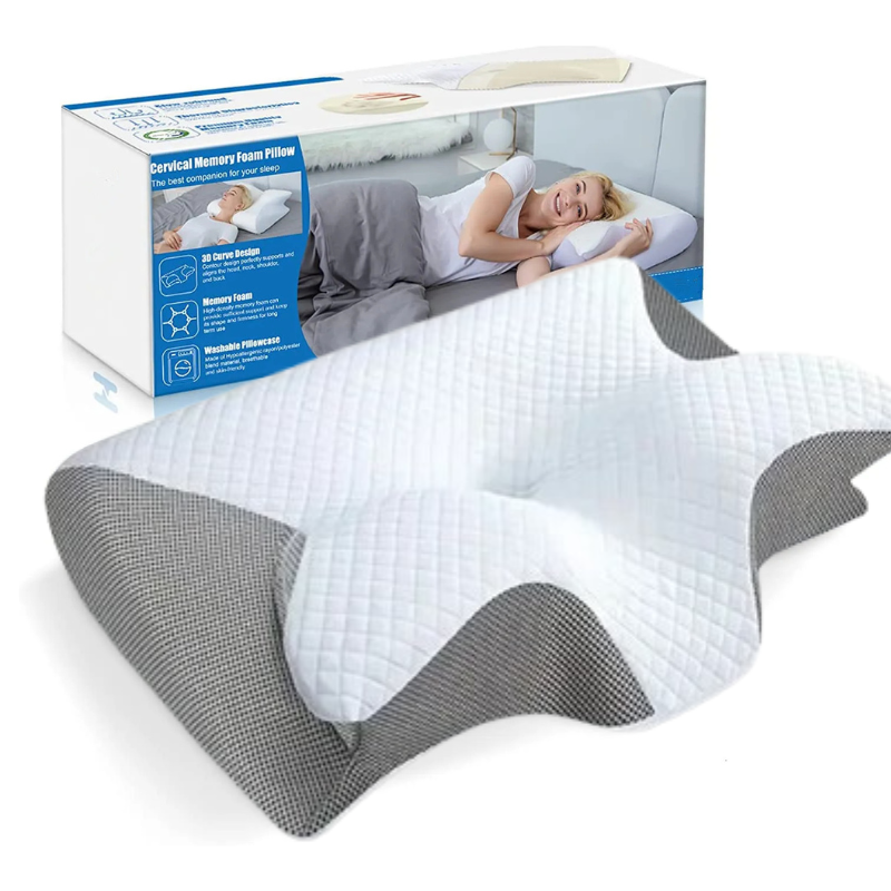 Oreiller cervical en mousse à mémoire gris, ergonomique, soulagement des douleurs au cou et confort optimal pour le sommeil.