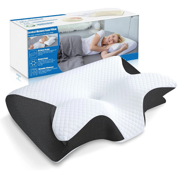 Oreiller cervical en mousse à mémoire gris, ergonomique, soulagement des douleurs au cou et confort optimal pour le sommeil.