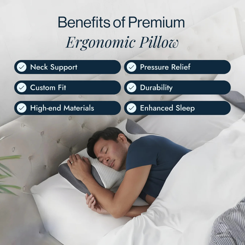 Oreiller cervical en mousse à mémoire gris, ergonomique, soulagement des douleurs au cou et confort optimal pour le sommeil.