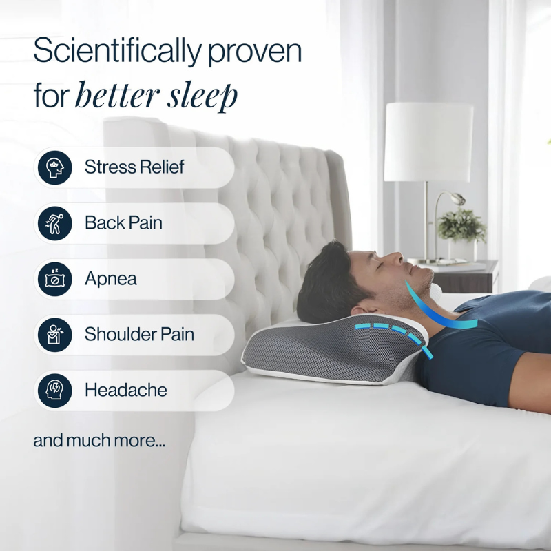 Oreiller cervical en mousse à mémoire gris, ergonomique, soulagement des douleurs au cou et confort optimal pour le sommeil.