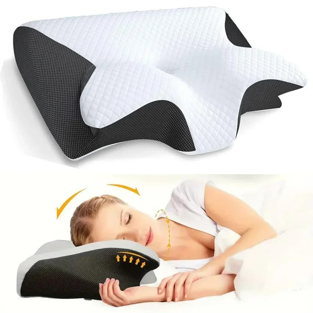Oreiller cervical en mousse à mémoire gris, ergonomique, soulagement des douleurs au cou et confort optimal pour le sommeil.