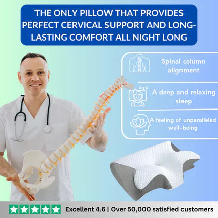 Oreiller cervical en mousse à mémoire gris, ergonomique, soulagement des douleurs au cou et confort optimal pour le sommeil.