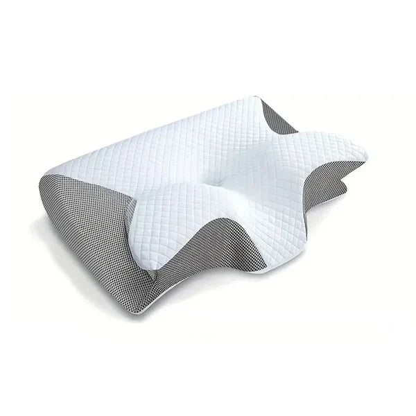 Oreiller cervical en mousse à mémoire gris, ergonomique, soulagement des douleurs au cou et confort optimal pour le sommeil.