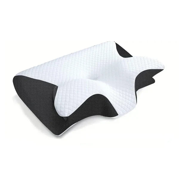 Oreiller cervical en mousse à mémoire gris, ergonomique, soulagement des douleurs au cou et confort optimal pour le sommeil.