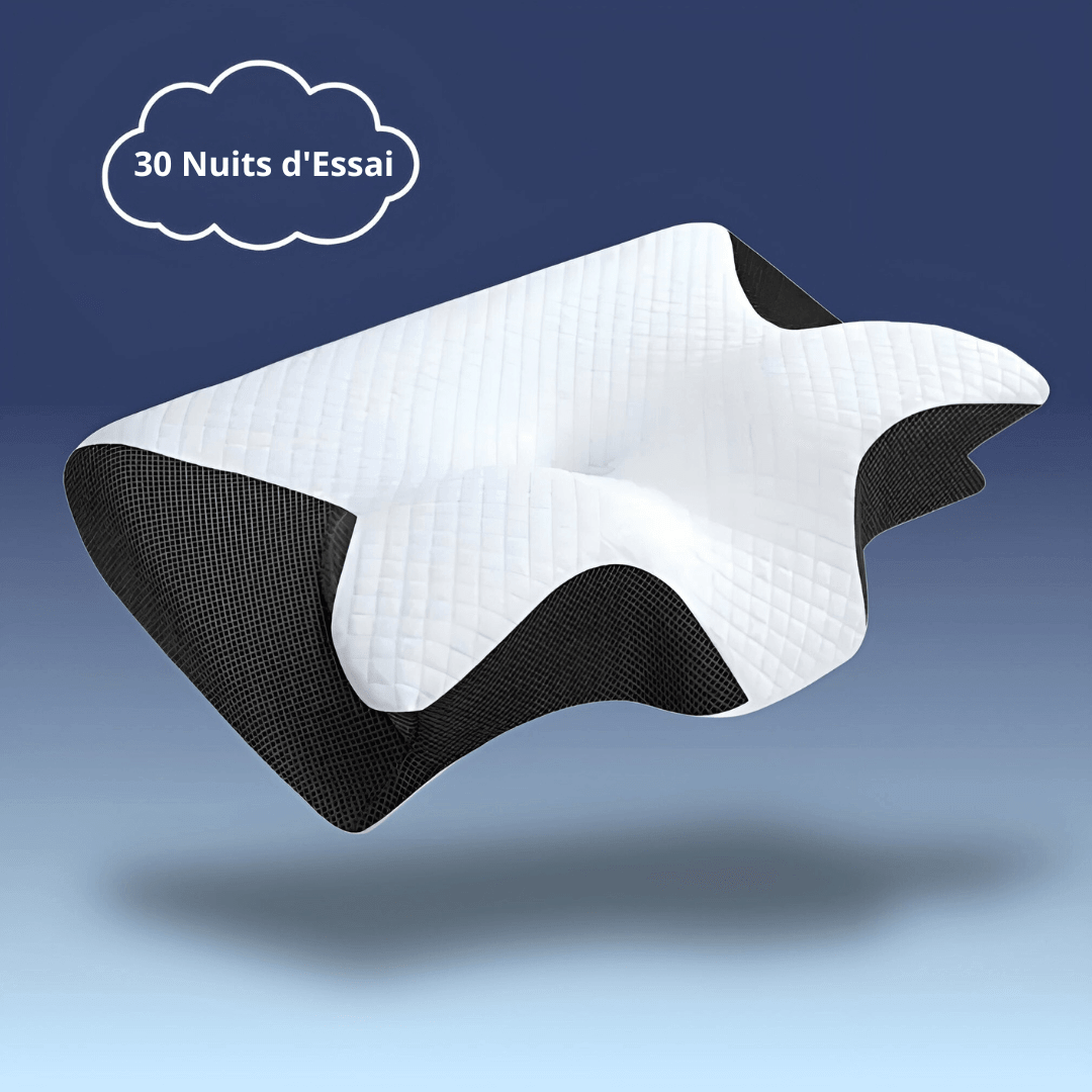Oreiller orthopédique blanc, soutien ergonomique, matière hypoallergénique, alignement cervical optimal durant le sommeil.