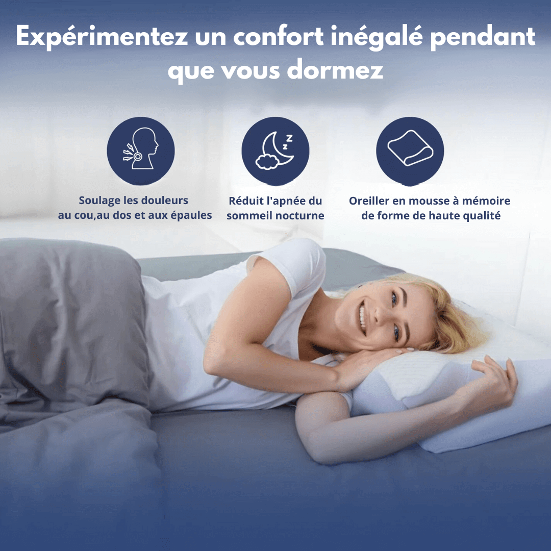 Oreiller orthopédique blanc, soutien ergonomique, matière hypoallergénique, alignement cervical optimal durant le sommeil.