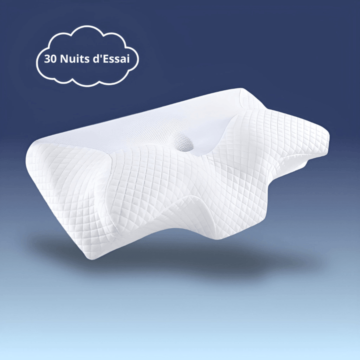 Oreiller orthopédique blanc, soutien ergonomique, matière hypoallergénique, alignement cervical optimal durant le sommeil.