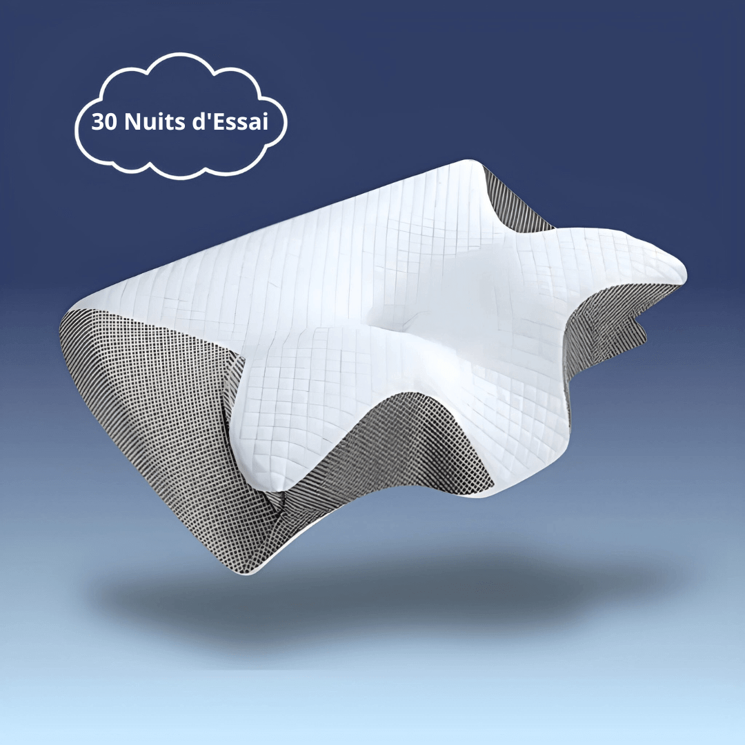 Oreiller orthopédique blanc, soutien ergonomique, matière hypoallergénique, alignement cervical optimal durant le sommeil.