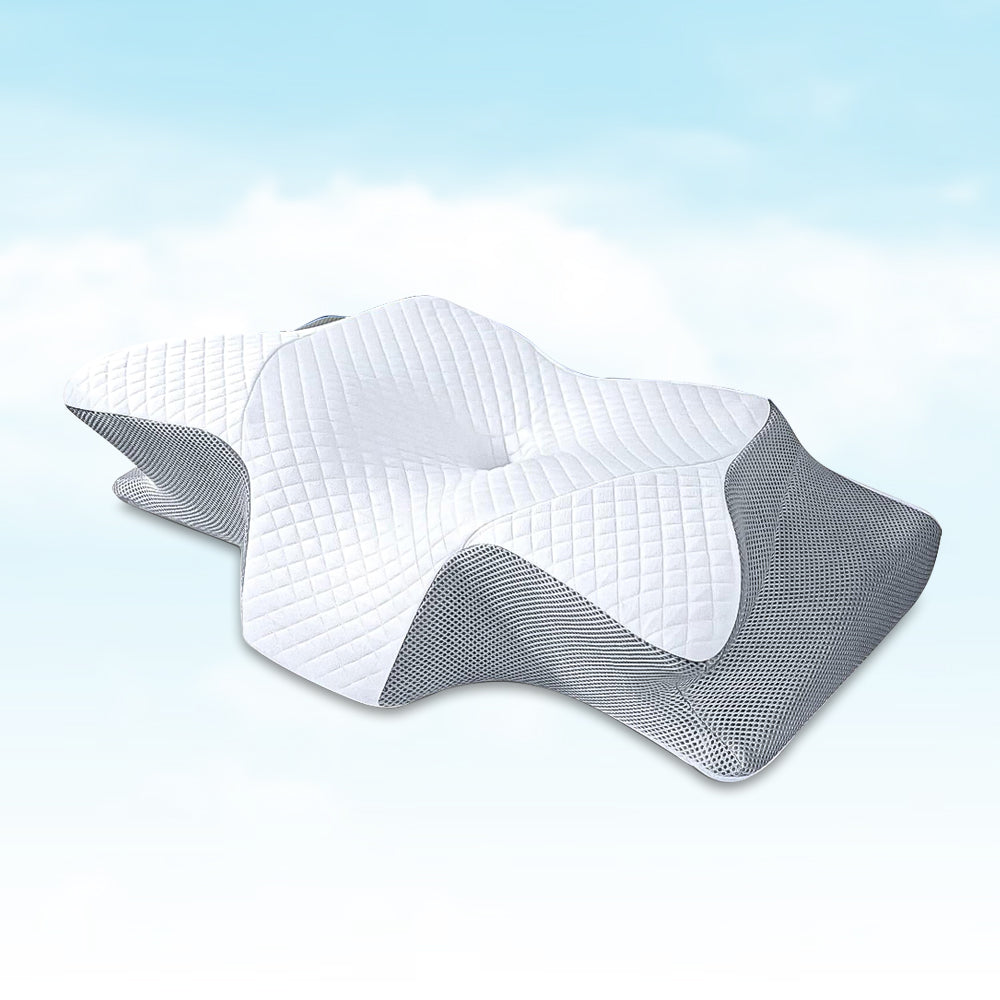Oreiller orthopédique ergonomique avec mousse mémoire, conçu pour réduire douleurs au cou et dos, housse hypoallergénique.