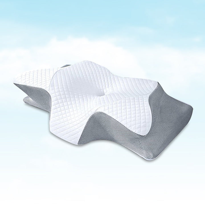 Oreiller orthopédique ergonomique avec mousse mémoire, conçu pour réduire douleurs au cou et dos, housse hypoallergénique.
