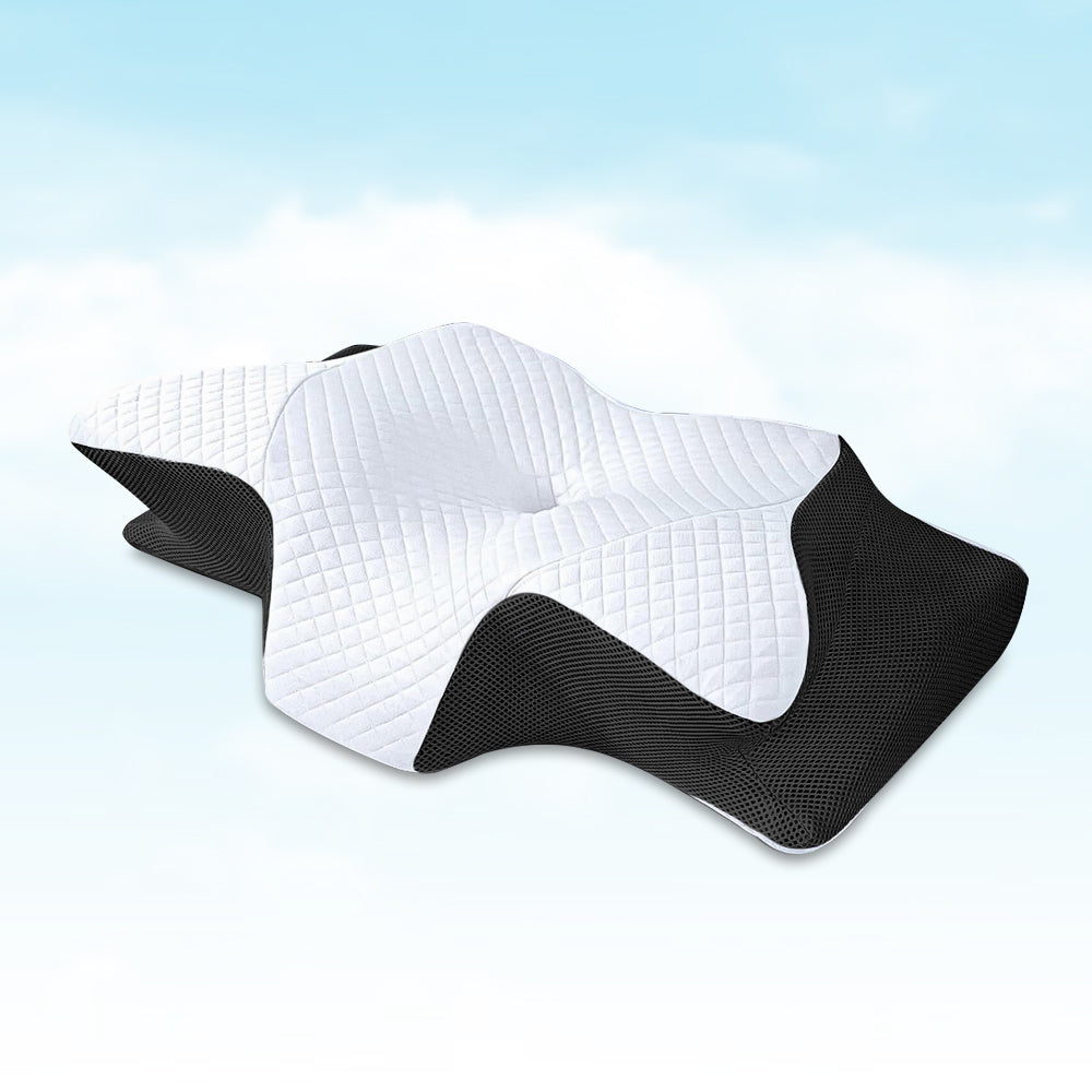 Oreiller orthopédique ergonomique avec mousse mémoire, conçu pour réduire douleurs au cou et dos, housse hypoallergénique.