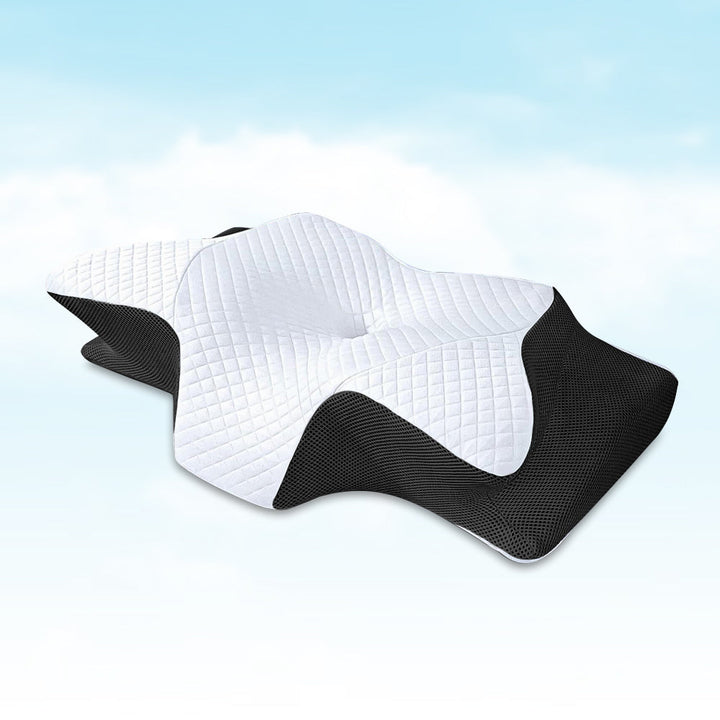 Oreiller orthopédique ergonomique avec mousse mémoire, conçu pour réduire douleurs au cou et dos, housse hypoallergénique.
