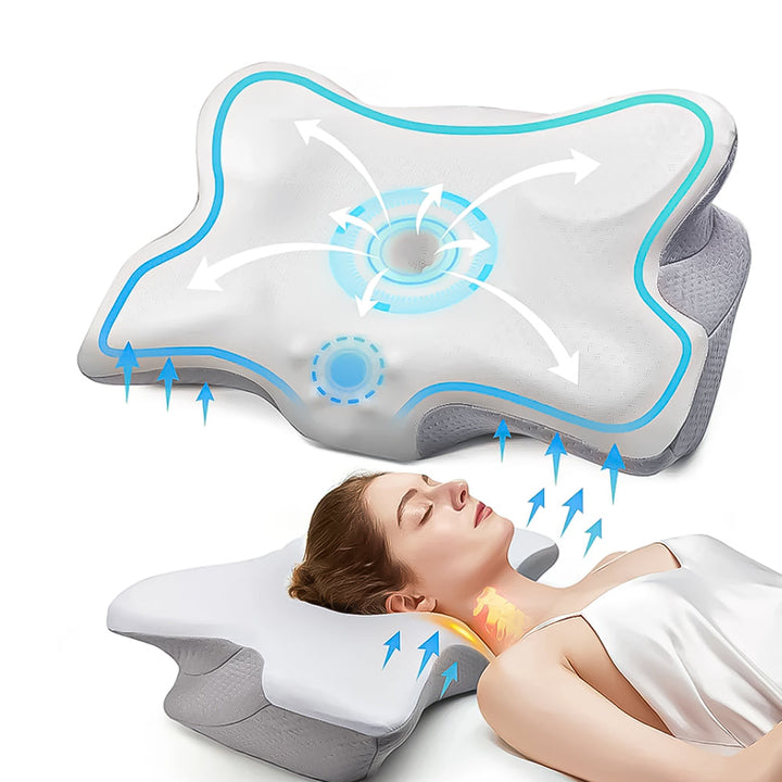 Oreiller orthopédique ergonomique avec mousse mémoire, conçu pour réduire douleurs au cou et dos, housse hypoallergénique.