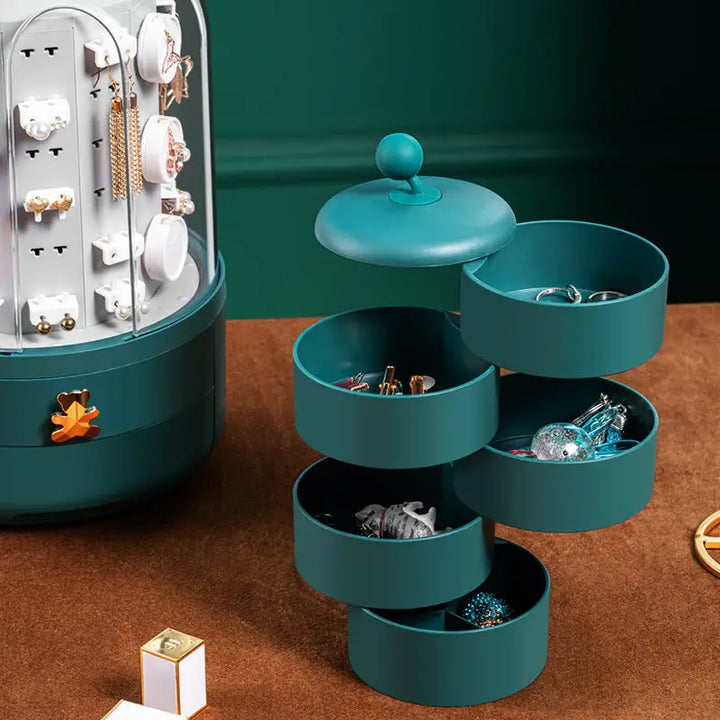 "Organisateur de bijoux rotatif en vert avec 5 tiroirs, design compact moderne, rotation à 360° pour visualisation complète."