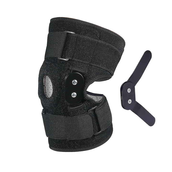 Orthèse de genou polyvalente noire avec sangles ajustables, matériau respirant et stabilisateurs pour soutien et confort opti