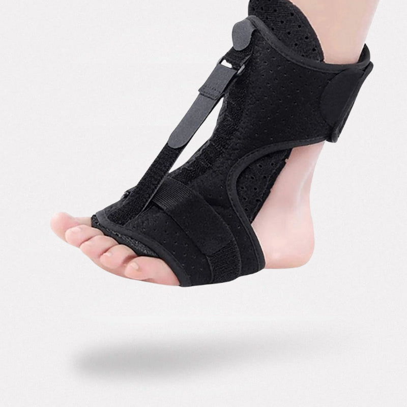 Orthèse de nuit ajustable, soulageant la fasciite plantaire, élégante et discrète, pour un confort nocturne optimal.