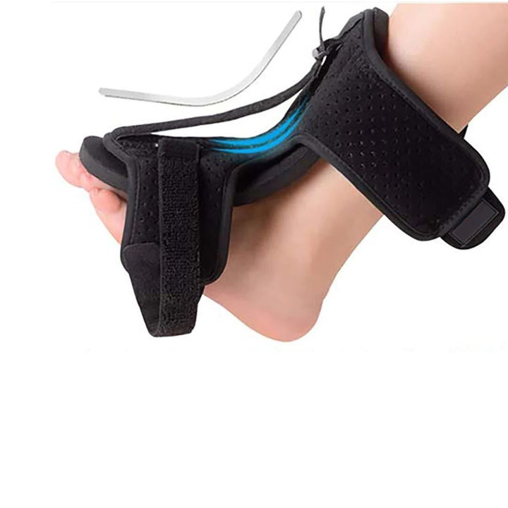 Orthèse de nuit ajustable, soulageant la fasciite plantaire, élégante et discrète, pour un confort nocturne optimal.