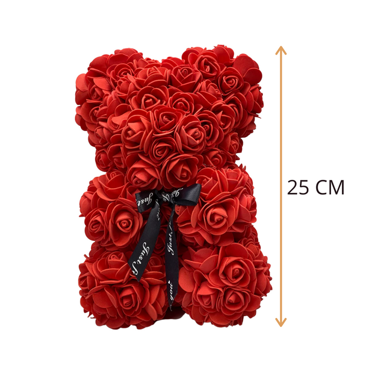 "Ours en roses rouges artisanal, peluche élégante et romantique pour décoration et cadeau inoubliables."