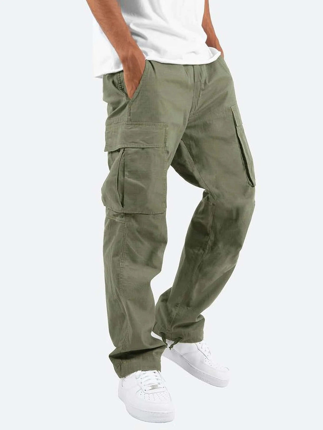 Pantalon cargo homme vert, style utilitaire confortable, coupe droite, poches multiples, idéal pour un look décontracté.