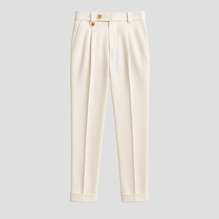 Pantalon chic blanc à pinces, coupe fluide, taille haute double bouton, tissu léger, idéal été, style sophistiqué et urbain.