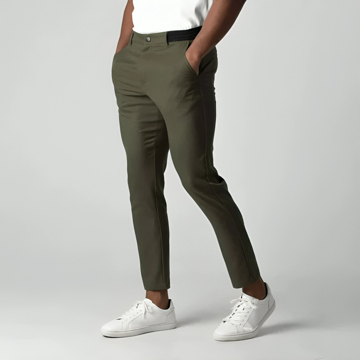 "Pantalon chino élastique homme ajusté, vert, pour confort quotidien et style moderne"