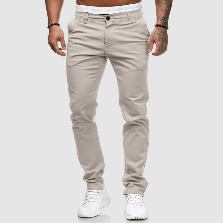 Pantalon chino urbain femme, coupe moderne, tissu léger, polyvalent, disponible en bleu, khaki, noir, rouge.