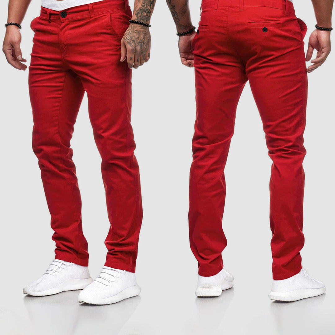 Pantalon chino urbain femme, coupe moderne, tissu léger, polyvalent, disponible en bleu, khaki, noir, rouge.