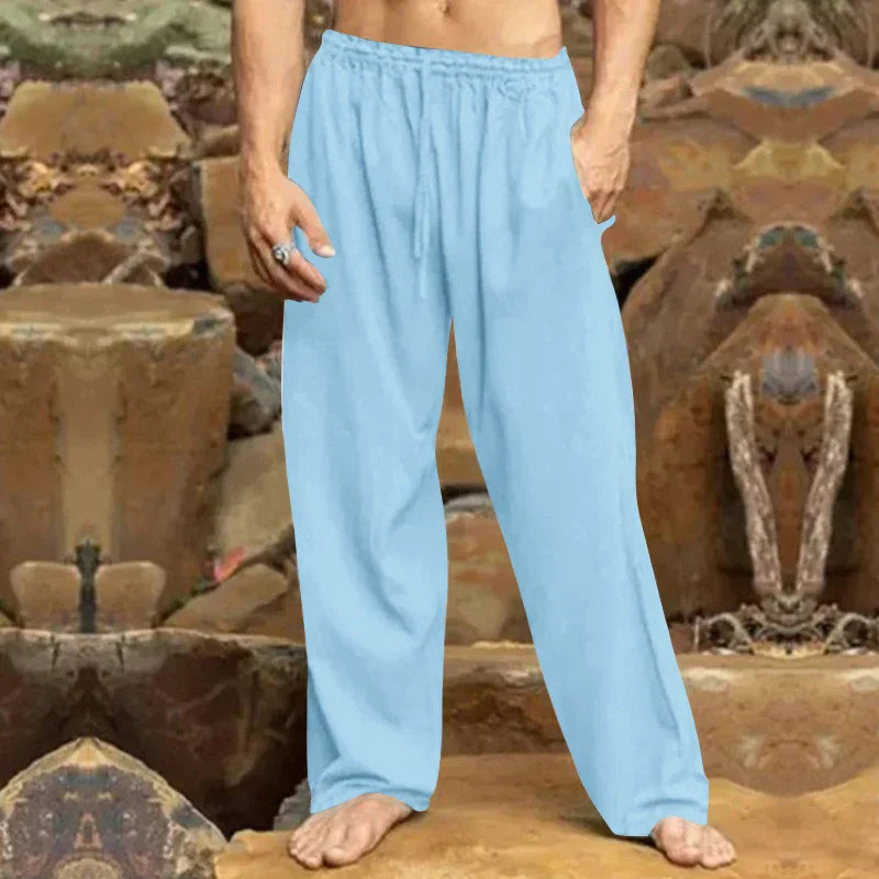 "Pantalon de loisirs en lin pour hommes, coupe moderne, tissu respirant et confortable, idéal pour un look chic décontracté."