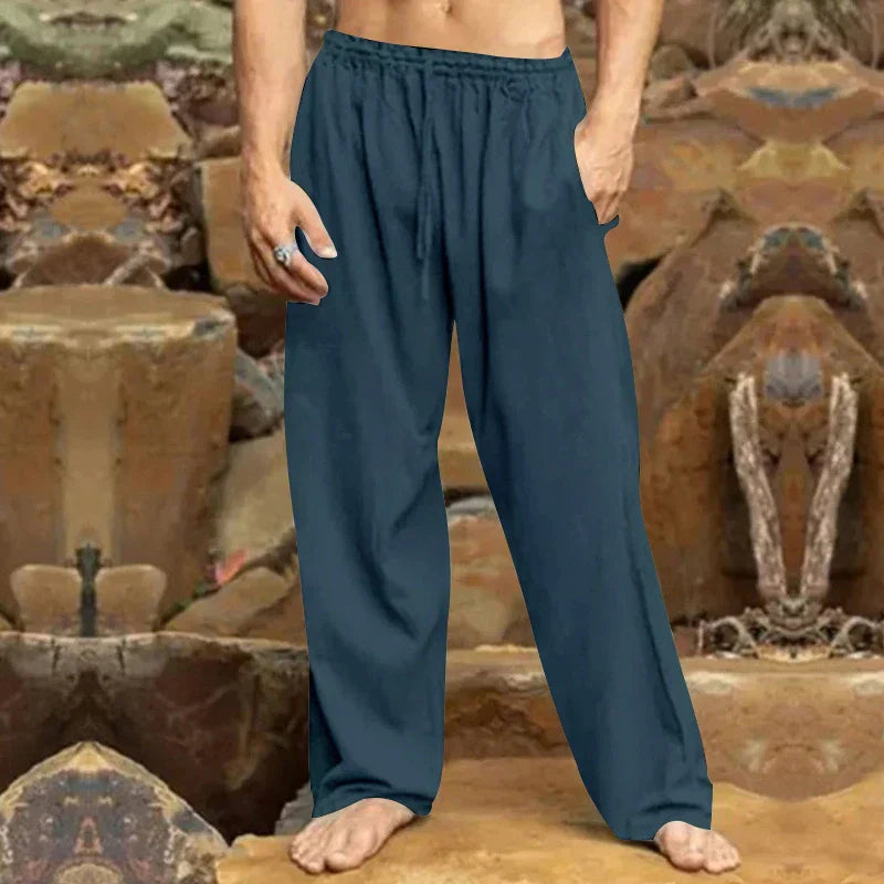 "Pantalon de loisirs en lin pour hommes, coupe moderne, tissu respirant et confortable, idéal pour un look chic décontracté."