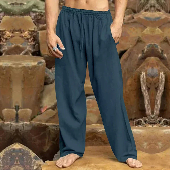 "Pantalon de loisirs en lin pour hommes, coupe moderne, tissu respirant et confortable, idéal pour un look chic décontracté."
