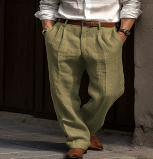 "Pantalon décontracté en lin pour homme, coupe ajustée et tissu doux, idéal pour les journées chaudes d'été"