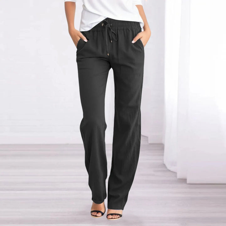 Pantalon décontracté femme en coton et lin, léger, jambe droite, couleur claire, idéal pour l'été, avec poches pratiques.