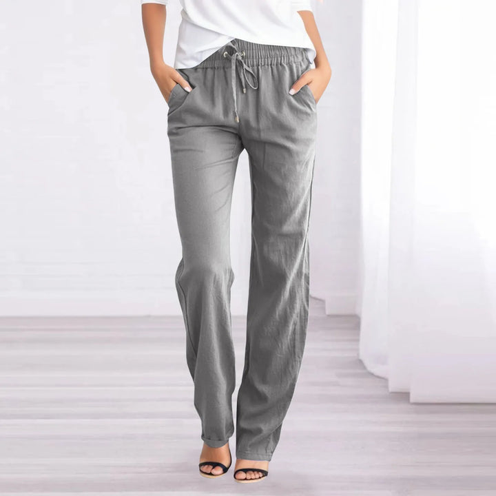 Pantalon décontracté femme en coton et lin, léger, jambe droite, couleur claire, idéal pour l'été, avec poches pratiques.