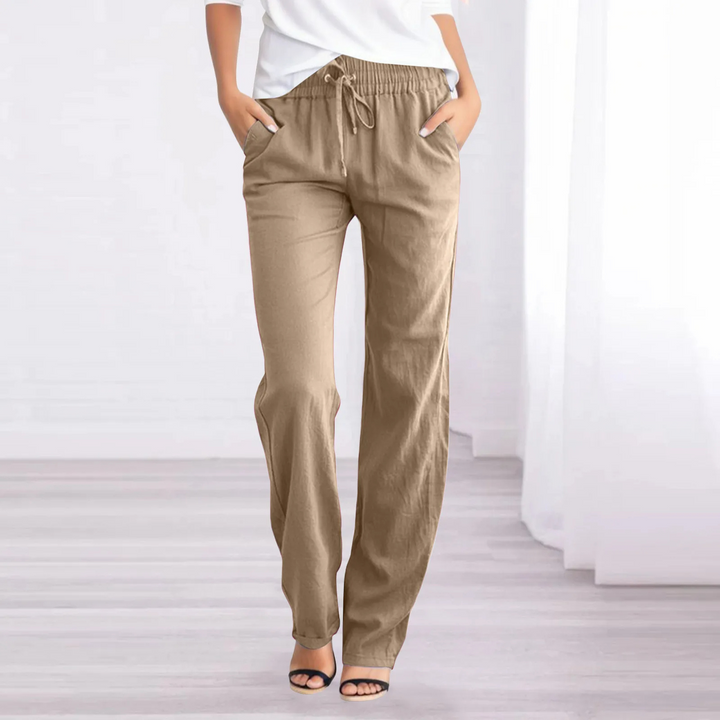 Pantalon décontracté femme en coton et lin, léger, jambe droite, couleur claire, idéal pour l'été, avec poches pratiques.