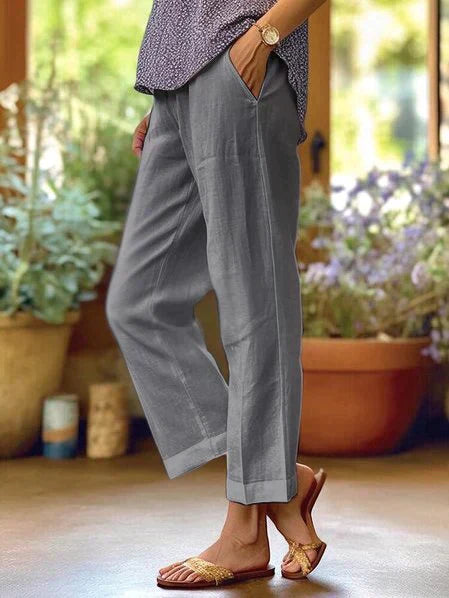 Pantalon d'été en lin pour femme, léger, élégant, ceinture élastique, idéal pour journées ensoleillées et occasions variées.