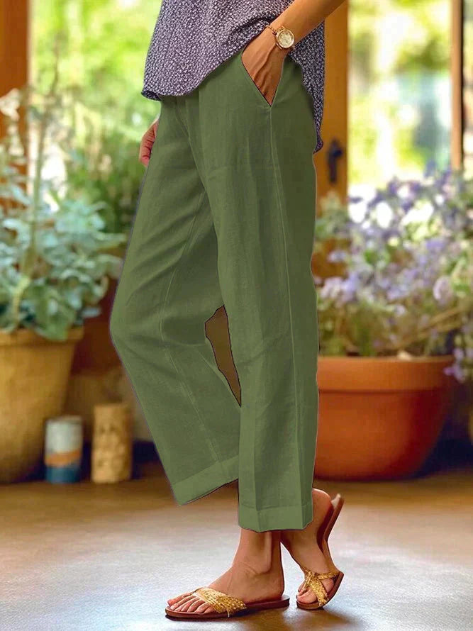 Pantalon d'été en lin pour femme, léger, élégant, ceinture élastique, idéal pour journées ensoleillées et occasions variées.