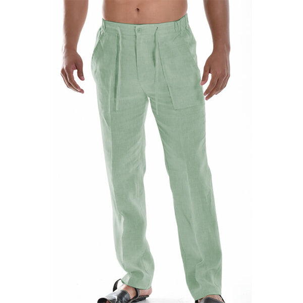 Pantalon d'été en lin pour homme, ample, jambes droites, ceinture élastiquée, idéal pour temps chaud.