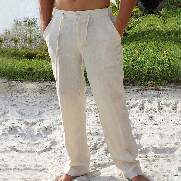 Pantalon d'été en lin pour homme, ample, jambes droites, ceinture élastiquée, idéal pour temps chaud.